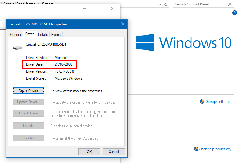 Driver de Windows 10 con fecha destacada