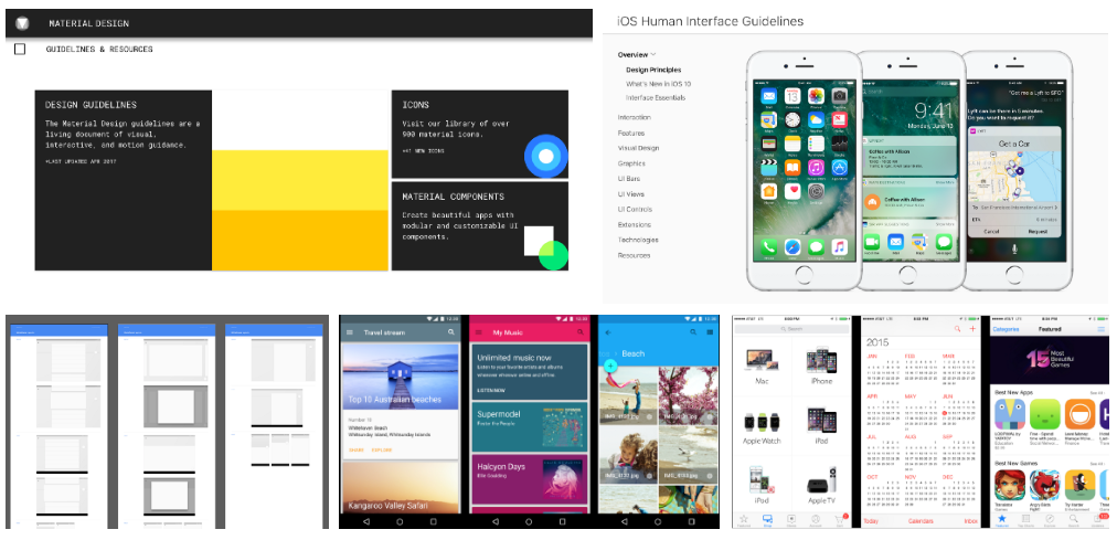 Varias capturas de pantalla de Google Material Design y Apple Human Interface Guidelines
