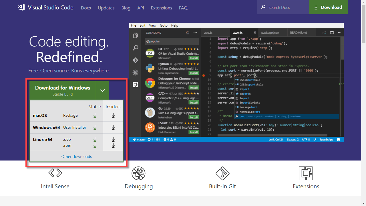 La imagen muestra el menú de opciones que nos presenta la página de descargas de Visual Studio Code