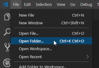 La imagen muestra la opción de menú "Open Folder" dentro de Visual Studio Code