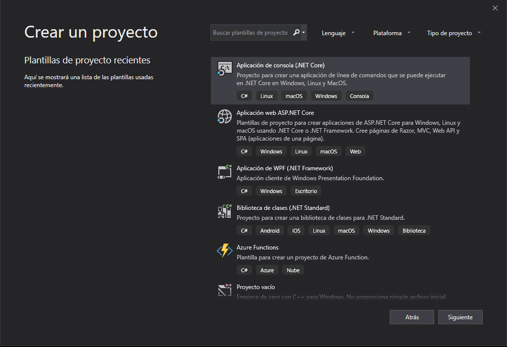 La imagen muestra el nuevo menú de Visual Studio 2019 para crear proyectos