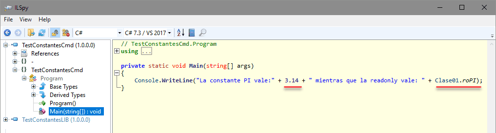 Código generado por el compilador en el que se ve que las constantes se sustituyen por sus literales