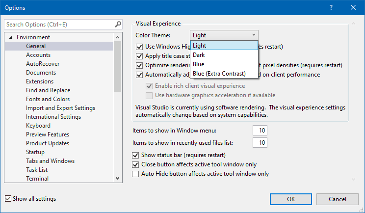 La ventana de opciones de Visual Studio 2019 abierta en Entorno>General