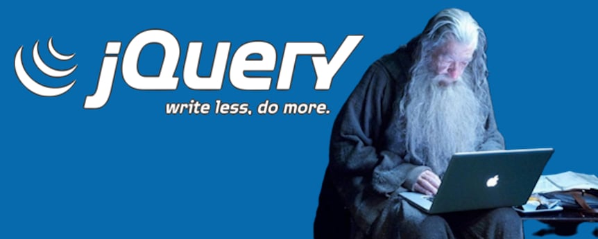 Imagen ornamental: logo de jQuery y un programador viejuno (Gandalf del señor de los anillos)