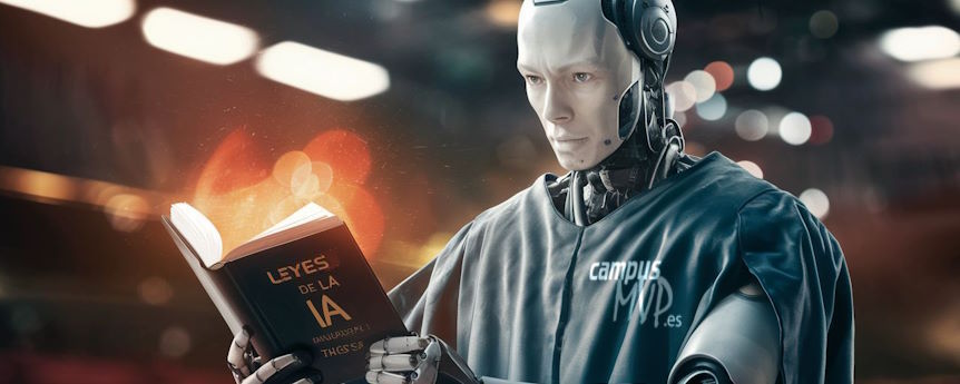Un robot con toga de abogado o juez leyendo un libro con mucha atención. En ellibro pone "Leyes de la IA". Generado con Stable Diffusion por campusMVP.