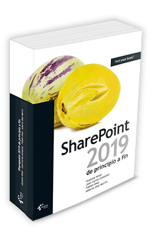 Libro de SharePoint 2019 representado en 3D. Contiene una foto de un melón entero y otro abierto en la portada