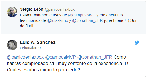 Opinión en twitter sobre nuestros cursos: Como habrás comprobado salí muy contento de la experiencia