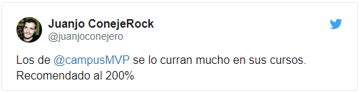 Opinión en twitter sobre nuestros cursos: Los de @campusMVP se lo curran mucho en sus cursos. Recomendado al 200%