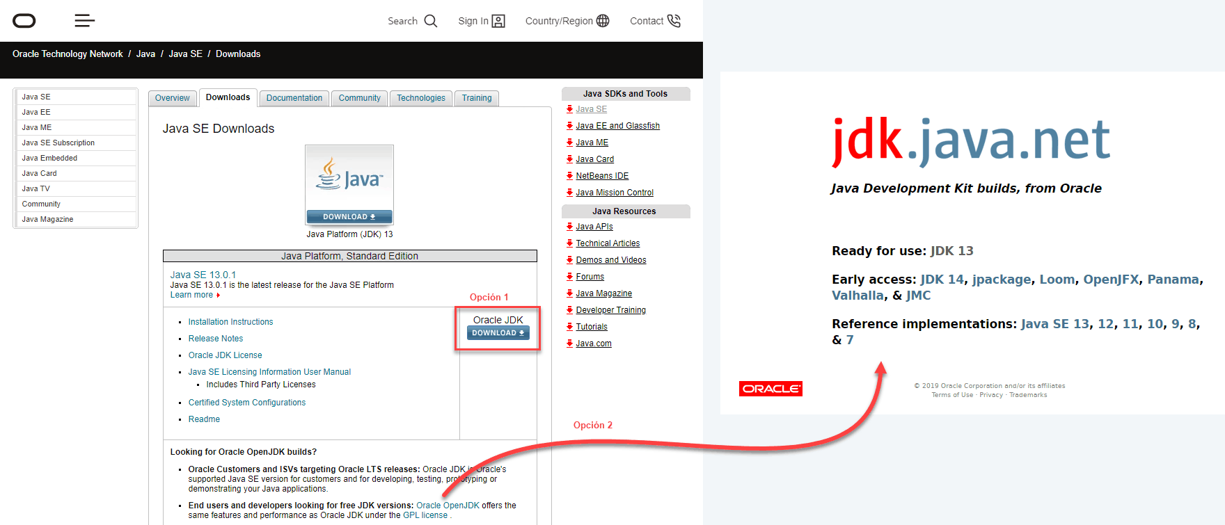 Imagen con las dos descargas posibles del JDK de Java