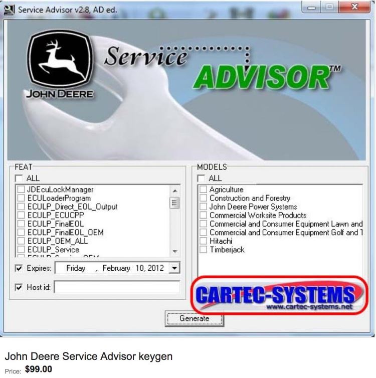 Captura de pantalla del software de hacking de John Deere