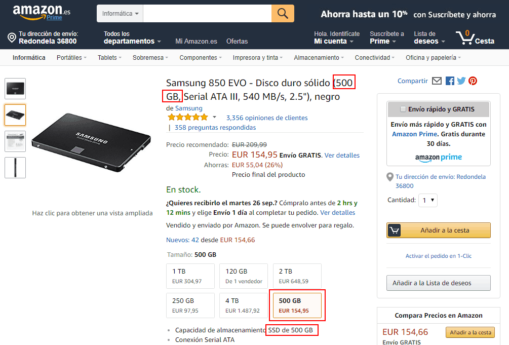 Disco duro a la venta en Amazon