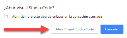 La imagen señala el botón "Abrir Visual Studio Code" de la ventana emergente