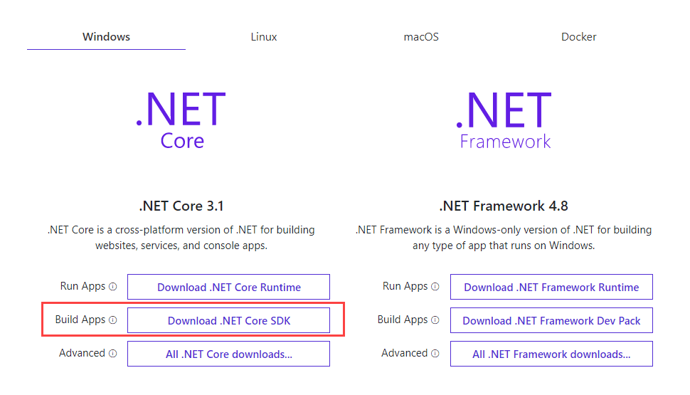 Descargar .NET Core SDK para cada sistema