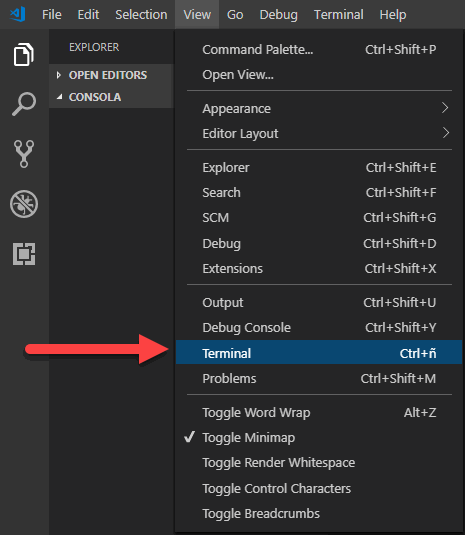 La imagen señala el botón "Terminal" dentro de Visual Studio Code