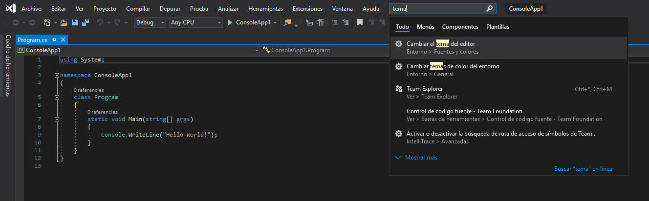 La imagen muestra el nuevo espacio de trabajo de Visual Studio 2019 con el buscador abierto