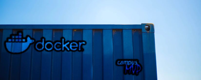 Imagen ornamental, contenedor azul con los logos de Docker y campusMVP pintados como graffiti, elaboración propia