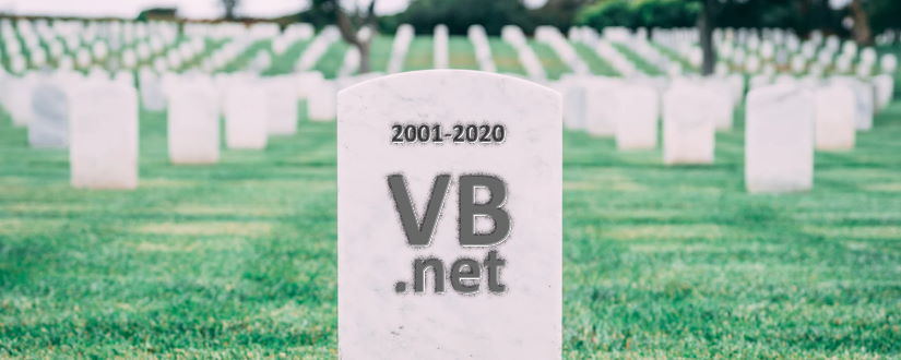 Imagen ornamental: una lápida con las fechas 2001-2020 y el nombre VB.NET inscrito en ella