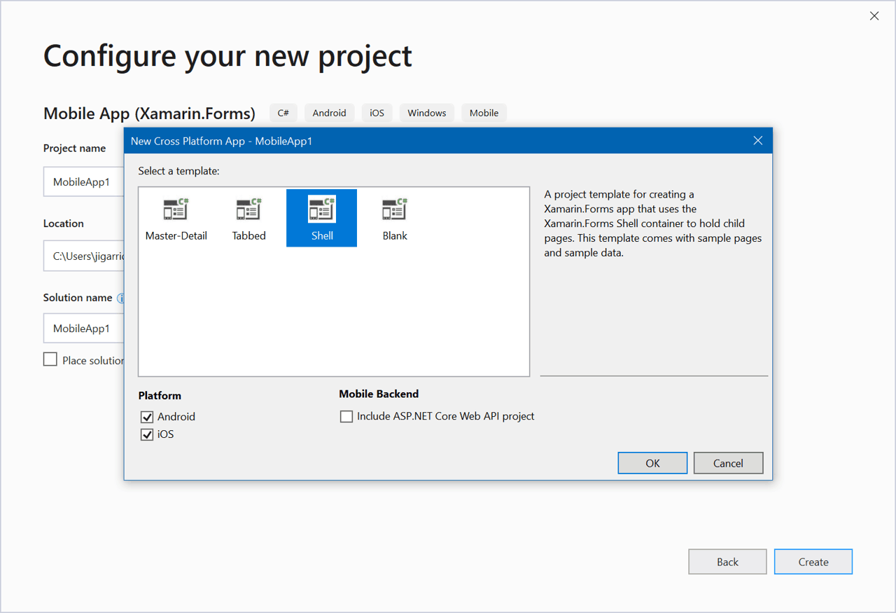 La imagen muestra el diálogo de Visual Studio para nuevo proyecto multiplataforma de Xamarin en el que podemos elegir la plantilla para Shell entre otras