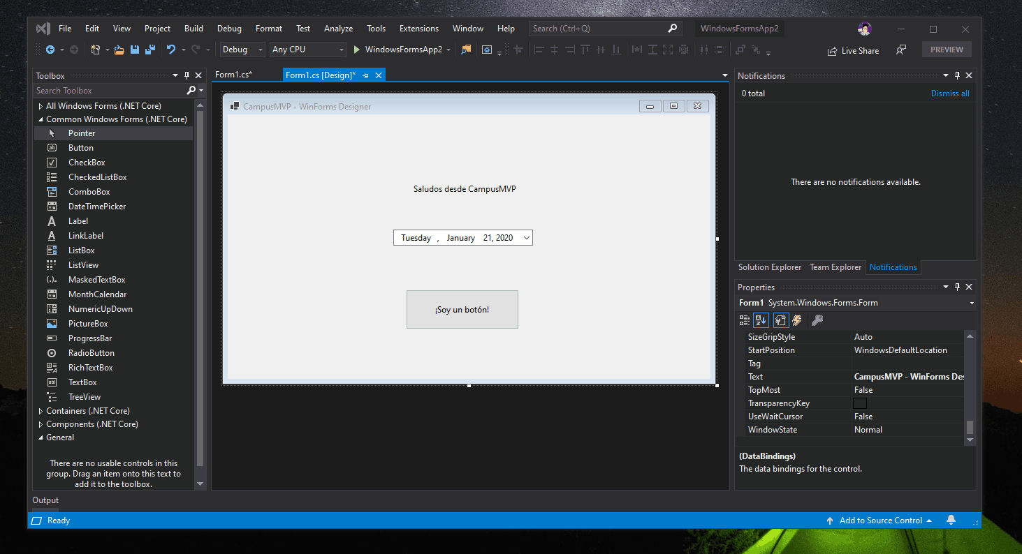 Imagen del diseñador de Windows Forms Core en acción dentro de Visual Studio