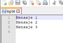 La imagen muestra el fichero generado con 3 líneas con los valores Mensaje 1, Mensaje 2 y Mensaje 3, uno en cada línea