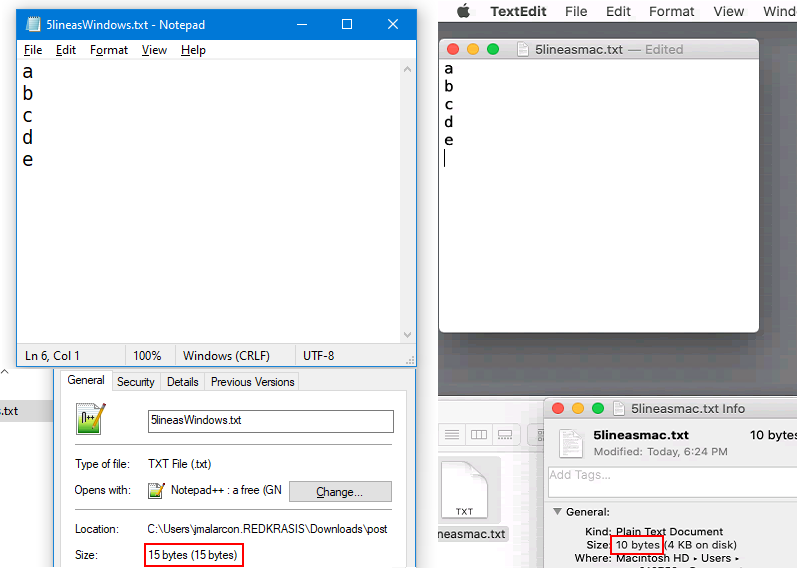 Dos archivos de texto con el mismo contenido en Windows y en macOS