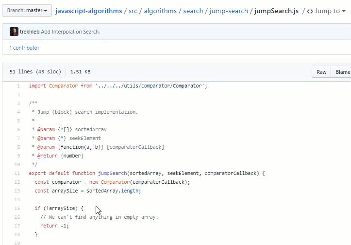 El gif muestra como al ponerse sobre una método en Javascript Github ofrece el navegar a la definición