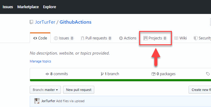 La imagen señala el botón "Projects" en las pestañas de Github