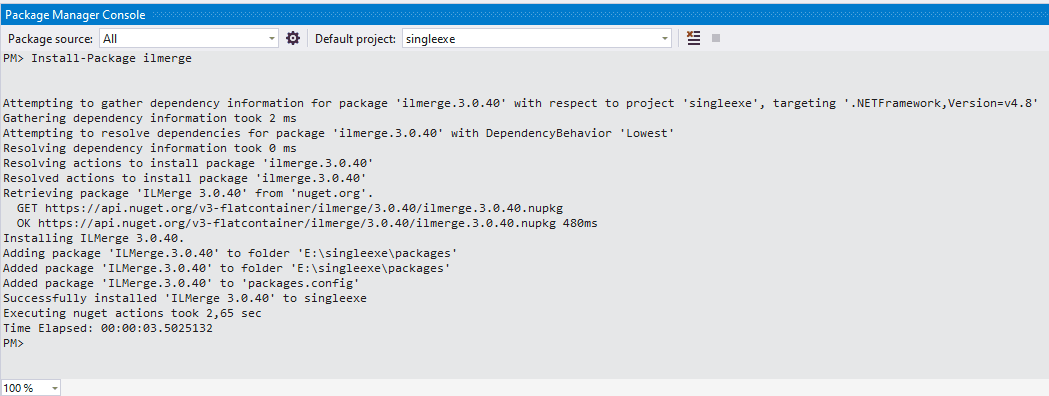 La consola de NuGet en Visual Studio tras instalar el paquete ilmerge