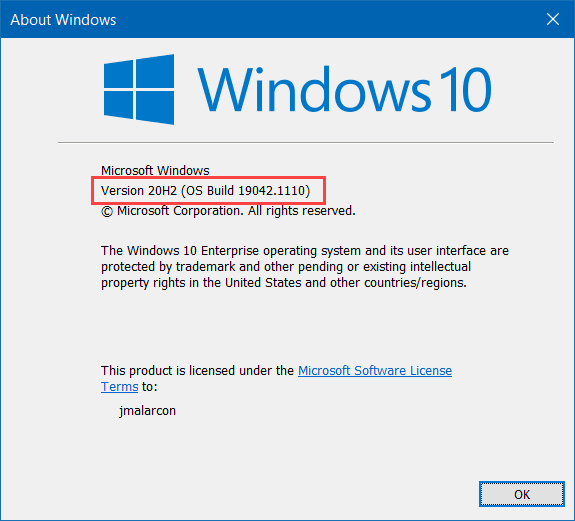 La versión de Windows, resaltada en la ventana