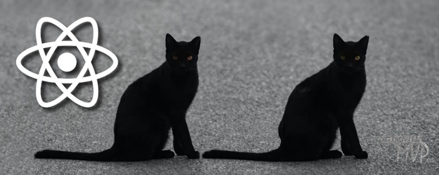 Imagen ornamental, dos gatos negros idénticos con un logo de React. Bbasada en una imagen CC0 de Viktor Talashuk